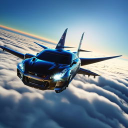 The Nissan GTR Nismo airplane soaring high in the blue sky, resembling a bird in flight, with clouds around and the sun casting a soft glow on it.