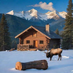 A peaceful evening mountain vista with alpenglow on snowcapped peaks, deep blue sky, an immaculate log cabin with smoke wafting out of the chimney in the foreground and a majestic wild elk roaming nearby