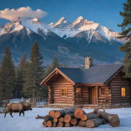 A peaceful evening mountain vista with alpenglow on snowcapped peaks, deep blue sky, an immaculate log cabin with smoke wafting out of the chimney in the foreground and a majestic wild elk roaming nearby