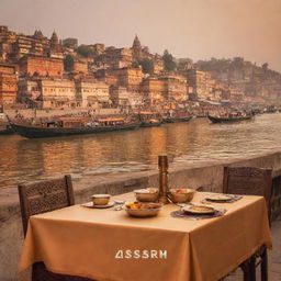 A warm, golden-hued postcard scene portraying the Ganges River, ornate traditional Varanasi boats, and the historic Assi Ghat. In the forefront, a set dining table, under the banner text 'Savor the Spirit of Varanasi at Assi Ghat Restaurant'.