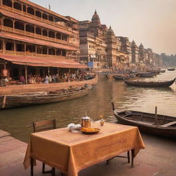 A warm, golden-hued postcard scene portraying the Ganges River, ornate traditional Varanasi boats, and the historic Assi Ghat. In the forefront, a set dining table, under the banner text 'Savor the Spirit of Varanasi at Assi Ghat Restaurant'.