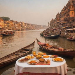 A warm, golden-hued postcard scene portraying the Ganges River, ornate traditional Varanasi boats, and the historic Assi Ghat. In the forefront, a set dining table, under the banner text 'Savor the Spirit of Varanasi at Assi Ghat Restaurant'.