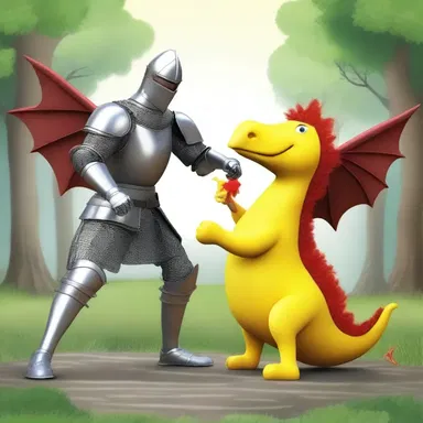 In the tongue-in-cheek fantasy story, the knight bravely fought off the dragon with a rubber chicken instead of a sword.