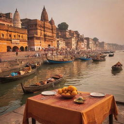 A warm, golden-hued postcard scene portraying the Ganges River, ornate traditional Varanasi boats, and the historic Assi Ghat. In the forefront, a set dining table, under the banner text 'Savor the Spirit of Varanasi at Assi Ghat Restaurant'.