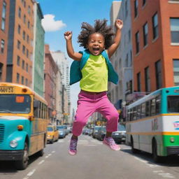 A vibrant cartoon of a joyful child mid-leap over a city bus, with the urban backdrop colored with bright hues.