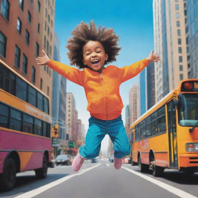 A vibrant cartoon of a joyful child mid-leap over a city bus, with the urban backdrop colored with bright hues.