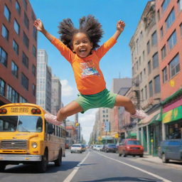 A vibrant cartoon of a joyful child mid-leap over a city bus, with the urban backdrop colored with bright hues.