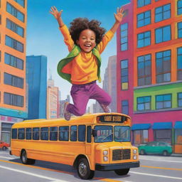 A vibrant cartoon of a joyful child mid-leap over a city bus, with the urban backdrop colored with bright hues.