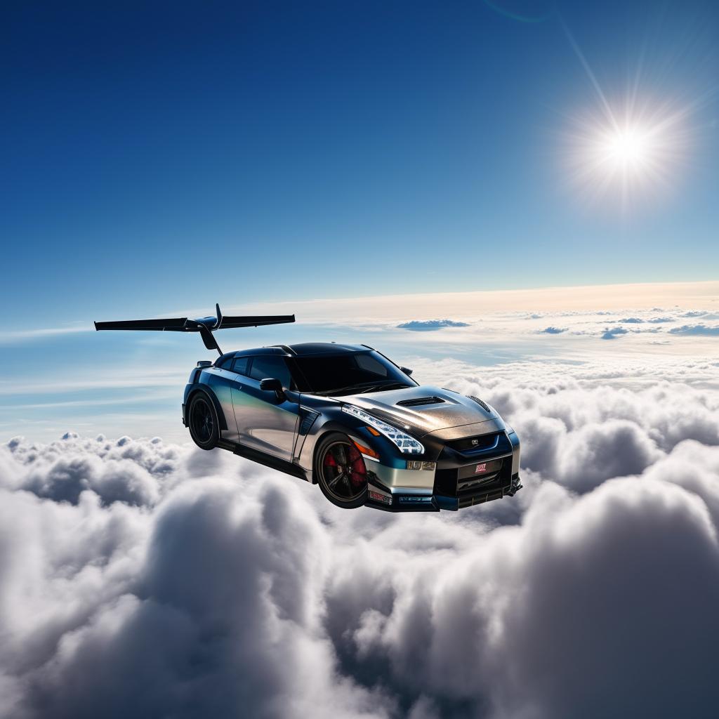 The Nissan GTR Nismo airplane soaring high in the blue sky, resembling a bird in flight, with clouds around and the sun casting a soft glow on it.