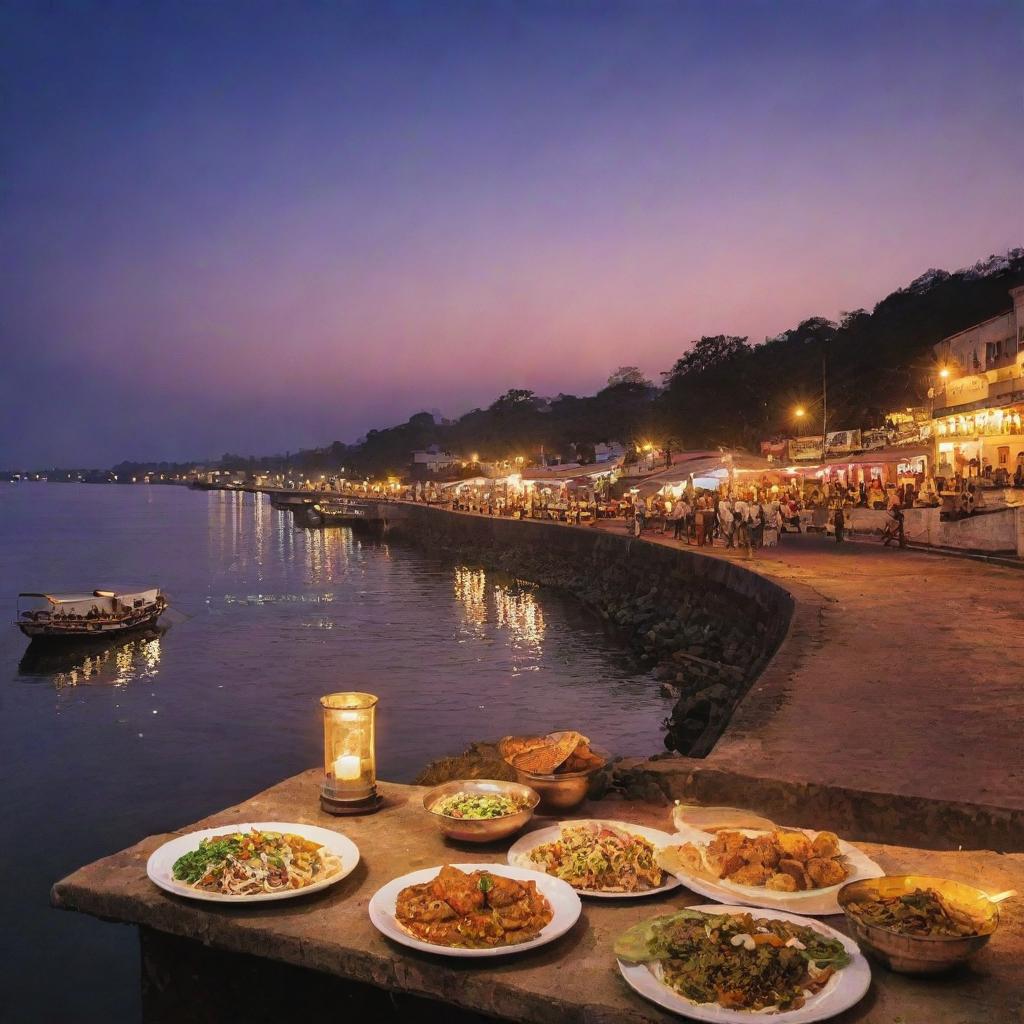 Create a poster capturing the evening ambiance at Assi Ghat with twinkling lights, transitioning twilight sky. On it, display a mouthwatering signature dish from a restaurant with the tagline 'Indulge in Twilight Tastes at Assi Ghat.'