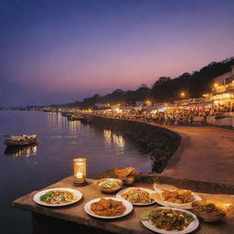 Create a poster capturing the evening ambiance at Assi Ghat with twinkling lights, transitioning twilight sky. On it, display a mouthwatering signature dish from a restaurant with the tagline 'Indulge in Twilight Tastes at Assi Ghat.'