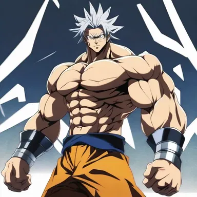 The anime character's exaggerated rhomboids make him look incredibly strong and muscular, emphasizing his power and dominance.
