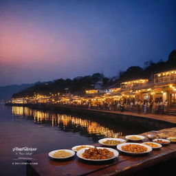 Create a poster capturing the evening ambiance at Assi Ghat with twinkling lights, transitioning twilight sky. On it, display a mouthwatering signature dish from a restaurant with the tagline 'Indulge in Twilight Tastes at Assi Ghat.'