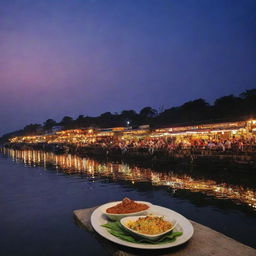 Create a poster capturing the evening ambiance at Assi Ghat with twinkling lights, transitioning twilight sky. On it, display a mouthwatering signature dish from a restaurant with the tagline 'Indulge in Twilight Tastes at Assi Ghat.'