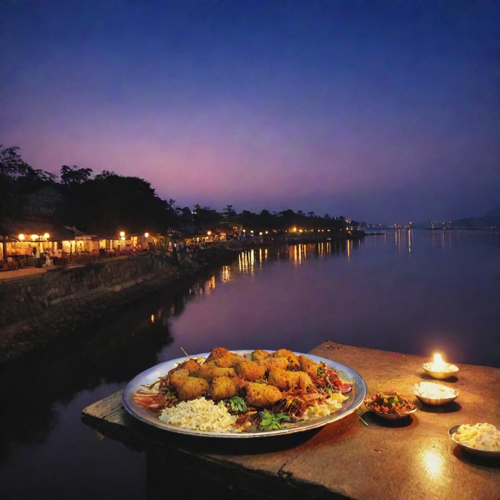 Create a poster capturing the evening ambiance at Assi Ghat with twinkling lights, transitioning twilight sky. On it, display a mouthwatering signature dish from a restaurant with the tagline 'Indulge in Twilight Tastes at Assi Ghat.'