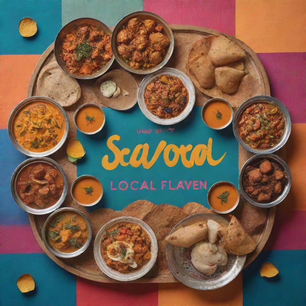 A vibrant composition of popular Varanasi dishes, artistically arranged against a color palette inspired by local textiles and artwork. Overlayed with text saying 'Savor Local Flavors at Assi Ghat's Culinary Haven.'