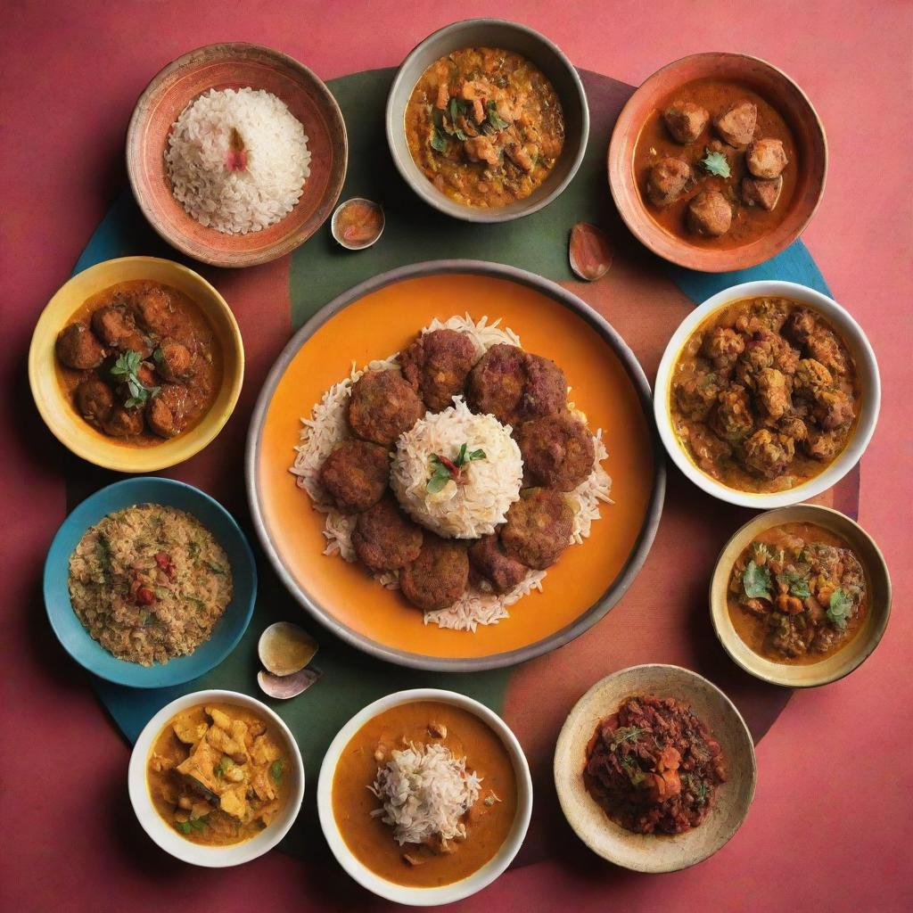 A vibrant composition of popular Varanasi dishes, artistically arranged against a color palette inspired by local textiles and artwork. Overlayed with text saying 'Savor Local Flavors at Assi Ghat's Culinary Haven.'