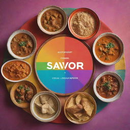 A vibrant composition of popular Varanasi dishes, artistically arranged against a color palette inspired by local textiles and artwork. Overlayed with text saying 'Savor Local Flavors at Assi Ghat's Culinary Haven.'