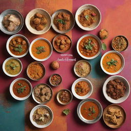 A vibrant composition of popular Varanasi dishes, artistically arranged against a color palette inspired by local textiles and artwork. Overlayed with text saying 'Savor Local Flavors at Assi Ghat's Culinary Haven.'