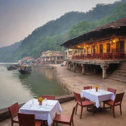 A picturesque image of Assi Ghat, featuring a welcoming restaurant dining setup in the foreground. The image employs a play on warm and cool colors, accompanied by the tagline 'Gastronomic Delight by the Ghat.'