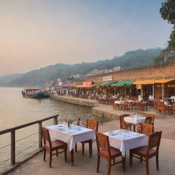 A picturesque image of Assi Ghat, featuring a welcoming restaurant dining setup in the foreground. The image employs a play on warm and cool colors, accompanied by the tagline 'Gastronomic Delight by the Ghat.'