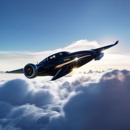 The Nissan GTR Nismo airplane soaring high in the blue sky, resembling a bird in flight, with clouds around and the sun casting a soft glow on it.