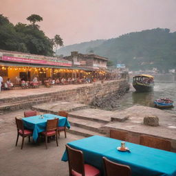 A picturesque image of Assi Ghat, featuring a welcoming restaurant dining setup in the foreground. The image employs a play on warm and cool colors, accompanied by the tagline 'Gastronomic Delight by the Ghat.'