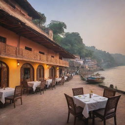 A picturesque image of Assi Ghat, featuring a welcoming restaurant dining setup in the foreground. The image employs a play on warm and cool colors, accompanied by the tagline 'Gastronomic Delight by the Ghat.'