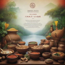 Create a vibrant poster emphasizing the mystical elements of traditional music instruments, incense, and the spiritual essence of a river. Showcase an array of diverse foods from a restaurant to denote variety. Incorporate the tagline 'Embark on a Mystical Gastronomic Journey.'