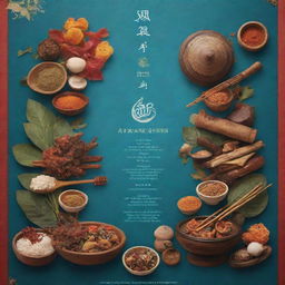 Create a vibrant poster emphasizing the mystical elements of traditional music instruments, incense, and the spiritual essence of a river. Showcase an array of diverse foods from a restaurant to denote variety. Incorporate the tagline 'Embark on a Mystical Gastronomic Journey.'