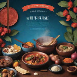 Create a vibrant poster emphasizing the mystical elements of traditional music instruments, incense, and the spiritual essence of a river. Showcase an array of diverse foods from a restaurant to denote variety. Incorporate the tagline 'Embark on a Mystical Gastronomic Journey.'