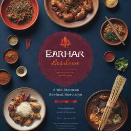 Create a vibrant poster emphasizing the mystical elements of traditional music instruments, incense, and the spiritual essence of a river. Showcase an array of diverse foods from a restaurant to denote variety. Incorporate the tagline 'Embark on a Mystical Gastronomic Journey.'