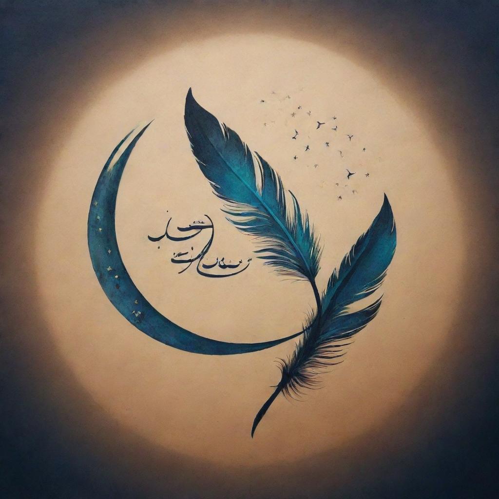 Urdu calligraphy of 'Azad Rooh' as the main subject with a feather and birds that symbolize freedom. Add a cosmic background with wind motifs, moon and stars for a limitless feel. Use serene colors to create a tranquil and uplifting spirit.