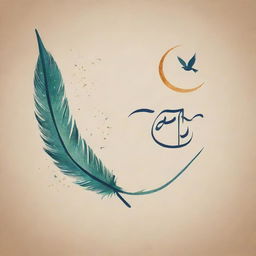 Urdu calligraphy of 'Azad Rooh' as the main subject with a feather and birds that symbolize freedom. Add a cosmic background with wind motifs, moon and stars for a limitless feel. Use serene colors to create a tranquil and uplifting spirit.