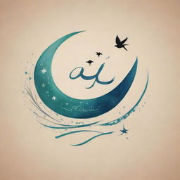 Urdu calligraphy of 'Azad Rooh' as the main subject with a feather and birds that symbolize freedom. Add a cosmic background with wind motifs, moon and stars for a limitless feel. Use serene colors to create a tranquil and uplifting spirit.