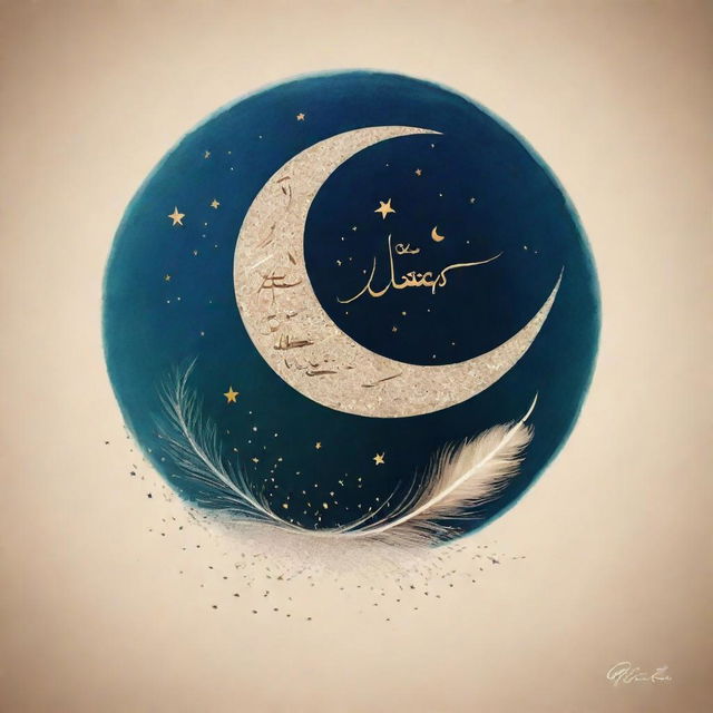 Urdu calligraphy of 'Azad Rooh' as the main subject with a feather and birds that symbolize freedom. Add a cosmic background with wind motifs, moon and stars for a limitless feel. Use serene colors to create a tranquil and uplifting spirit.