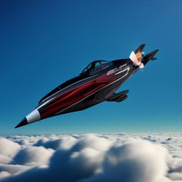 The Nissan GTR Nismo airplane soaring high in the blue sky, resembling a bird in flight, with clouds around and the sun casting a soft glow on it.