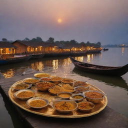 Create an artistic image of Assi Ghat at twilight emanating warmth and inviting ambiance. Display images of beautifully-plated signature dishes by the setting of the Ghat and traditional boat. Use warm tones, golden hues, and deep blues to capture the evening atmosphere.