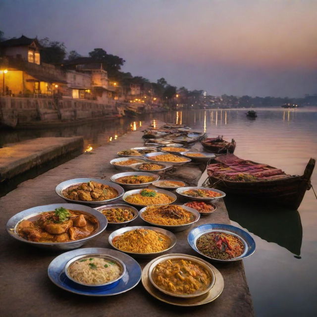 Create an artistic image of Assi Ghat at twilight emanating warmth and inviting ambiance. Display images of beautifully-plated signature dishes by the setting of the Ghat and traditional boat. Use warm tones, golden hues, and deep blues to capture the evening atmosphere.