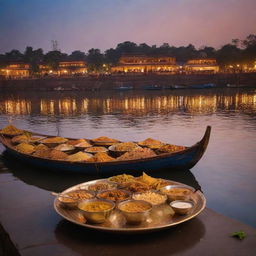 Create an artistic image of Assi Ghat at twilight emanating warmth and inviting ambiance. Display images of beautifully-plated signature dishes by the setting of the Ghat and traditional boat. Use warm tones, golden hues, and deep blues to capture the evening atmosphere.