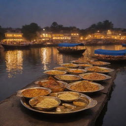 Create an artistic image of Assi Ghat at twilight emanating warmth and inviting ambiance. Display images of beautifully-plated signature dishes by the setting of the Ghat and traditional boat. Use warm tones, golden hues, and deep blues to capture the evening atmosphere.