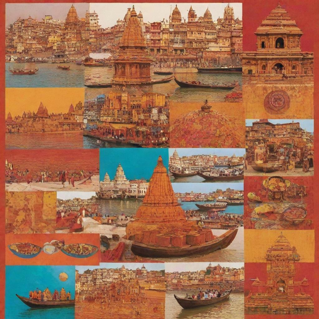 Design a collage-style poster with vibrant elements of Varanasi's culture, including Ghats, temples, local markets, and traditional instruments, interspersed with diverse food offerings from a restaurant. Incorporate the rich color palette of Varanasi's textiles and artwork.