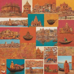 Design a collage-style poster with vibrant elements of Varanasi's culture, including Ghats, temples, local markets, and traditional instruments, interspersed with diverse food offerings from a restaurant. Incorporate the rich color palette of Varanasi's textiles and artwork.