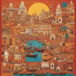 Design a collage-style poster with vibrant elements of Varanasi's culture, including Ghats, temples, local markets, and traditional instruments, interspersed with diverse food offerings from a restaurant. Incorporate the rich color palette of Varanasi's textiles and artwork.