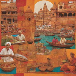 Design a collage-style poster with vibrant elements of Varanasi's culture, including Ghats, temples, local markets, and traditional instruments, interspersed with diverse food offerings from a restaurant. Incorporate the rich color palette of Varanasi's textiles and artwork.