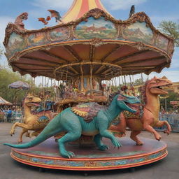 A colorful, detailed image of a whimsical dinosaur ride, part carousel, part cycle, with a captivating charm to it.