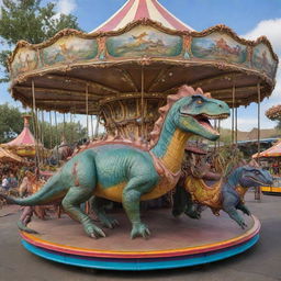 A colorful, detailed image of a whimsical dinosaur ride, part carousel, part cycle, with a captivating charm to it.