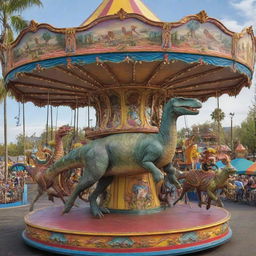 A colorful, detailed image of a whimsical dinosaur ride, part carousel, part cycle, with a captivating charm to it.