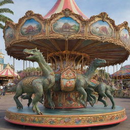 A colorful, detailed image of a whimsical dinosaur ride, part carousel, part cycle, with a captivating charm to it.