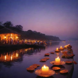 An enchanting twilight at Assi Ghat, elegantly illuminated. Against the vibrant canvas of the sky, featuring deep purples, oranges, and dusky blues, showcase delectable signature dishes, accompanied by the warm glow of candles and lanterns creating a romantic evening atmosphere.